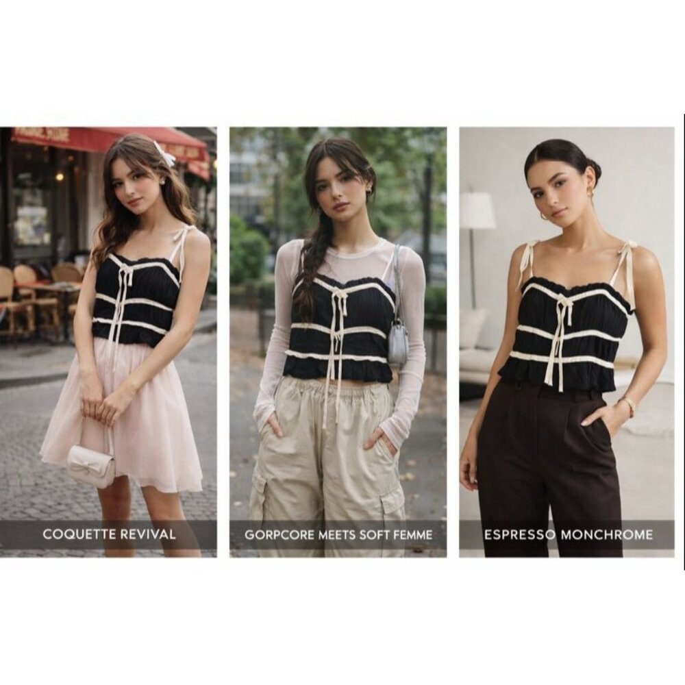 Thirty/Thirty Black White Trim Ruched Top S Coquette Fairy Whimsygoth Witchy